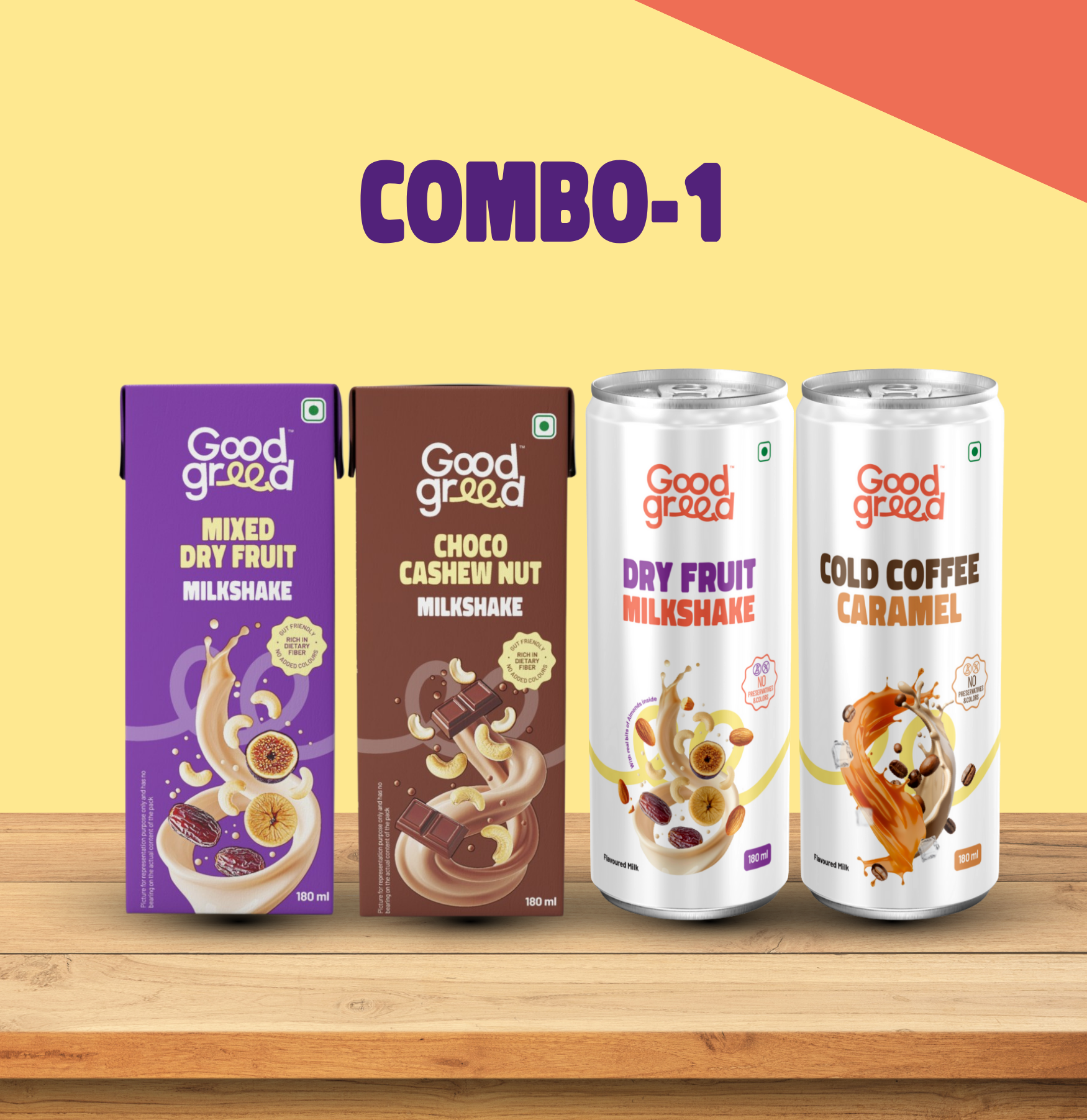 <p>Mixed Dry Fruit Milk Shake, Choco Cashew Nut Milk Shake, Dry Fruit Milk Shake 180ML and Cold Coffee Caramel 180ML</p>
