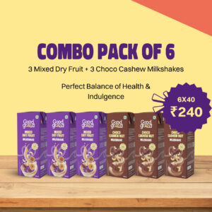 <p>3 Mixed Dry Fruit Milkshakes and 3 Choco Cashew Nut Milkshakes</p>