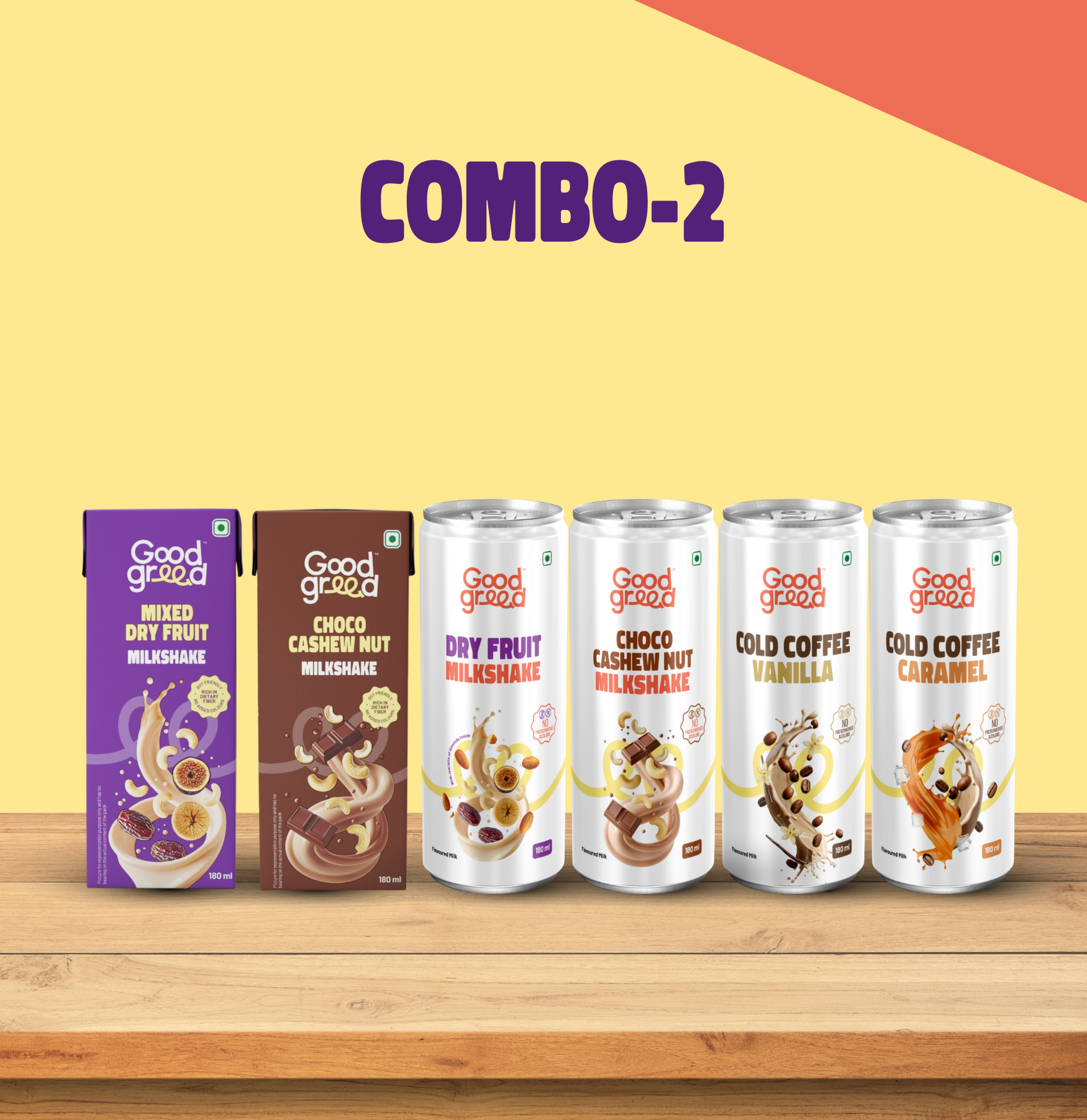 <p>Mixed Dry Fruit Milk Shake, Choco Cashew Nut Milk Shake, Dry Fruit Milk Shake 180ML, Cold Coffee Vanilla 180ML and Cold Coffee Caramel 180ML</p>