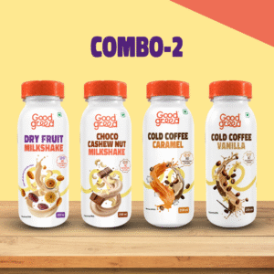 <p> Dry Fruit Milk Shake 200ML, Choco Cashew Nut Milk Shake, Cold Coffee Vanilla 200ML and Cold Coffee Caramel 200ML</p>