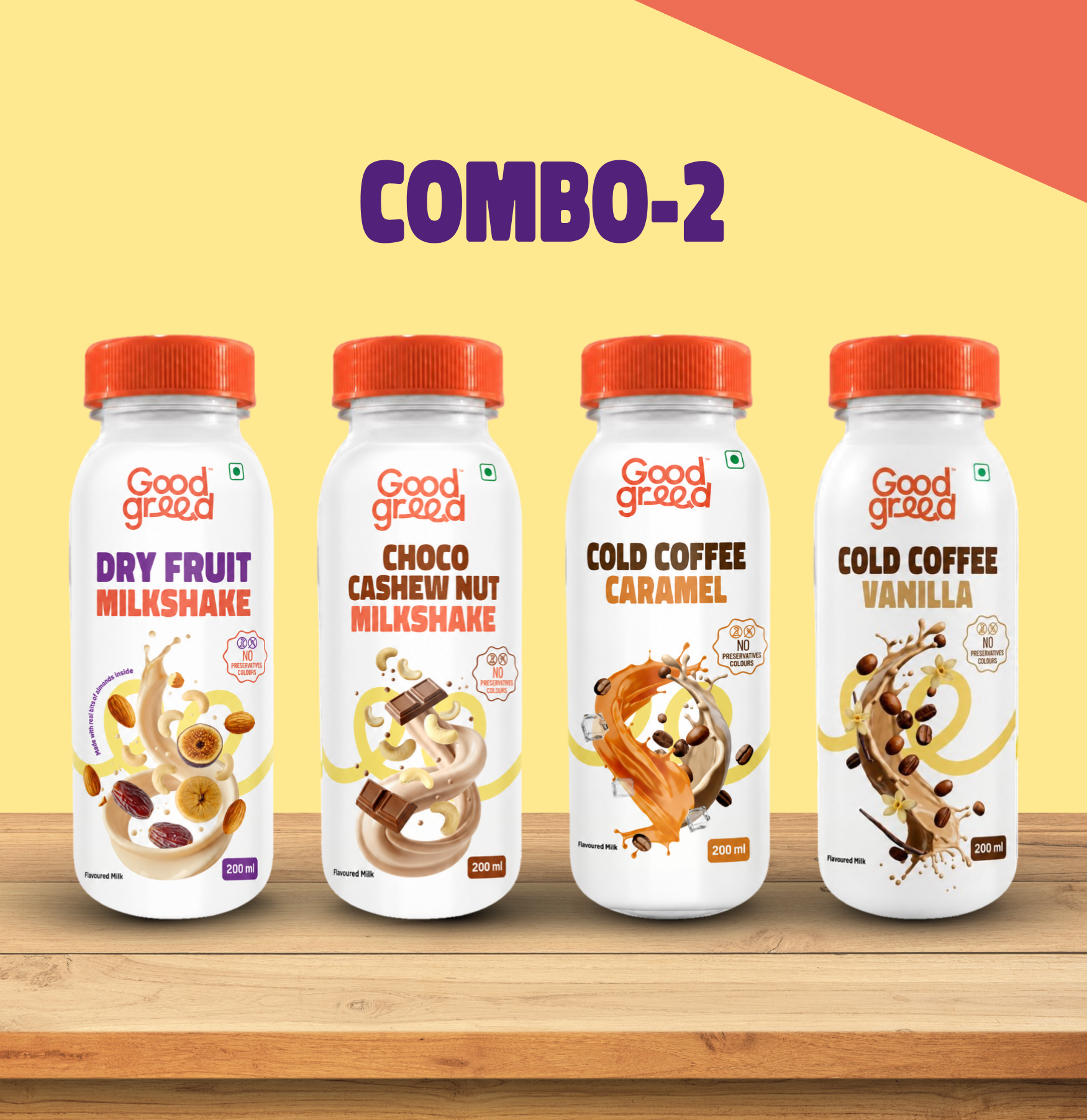 <p> Dry Fruit Milk Shake 200ML, Choco Cashew Nut Milk Shake, Cold Coffee Vanilla 200ML and Cold Coffee Caramel 200ML</p>